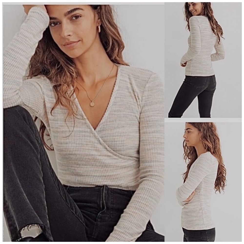 {XS} Madewell Space Dye Faux Wrap Ribbed Top Soft Rainbow